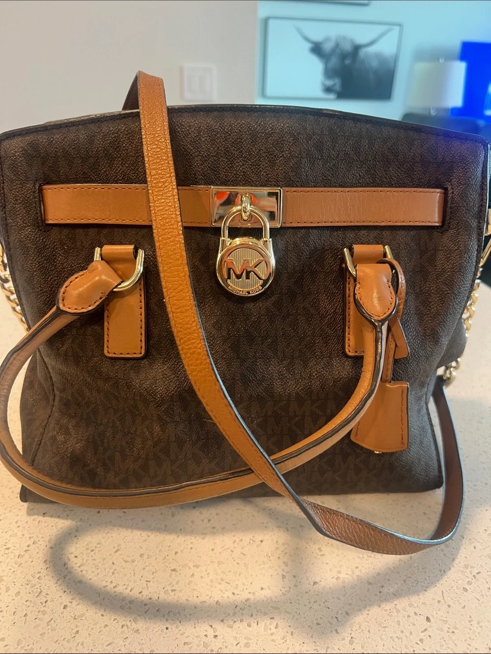 Michael Kors Brown and Tan Satchel with Gold Lock Accent